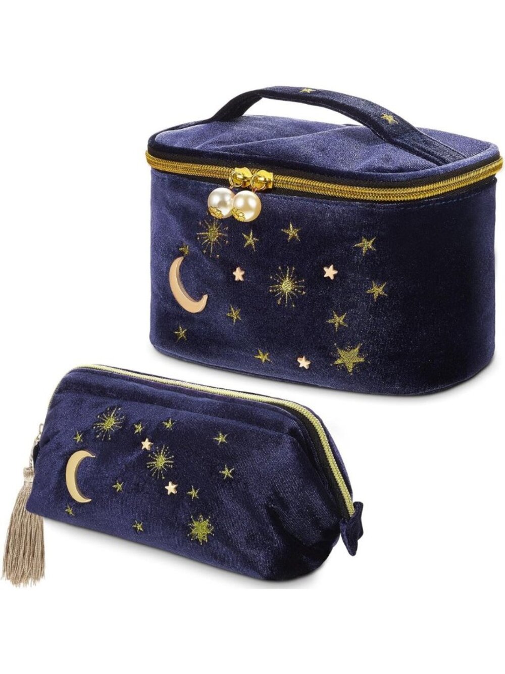 2 Pcs Velvet Cosmetic Bags - Moon & Stars Embroidered Travel Pouches for Women